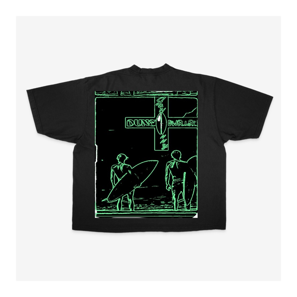 Johnny Dune Dweller co. Black T-Shirt with hand done Neon Green Surf Graphic